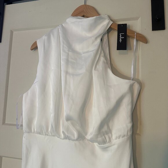 Lulus Distinctive Charm White Satin Asymmetrical Midi Dress - XL, NWT - Picture 2 of 15